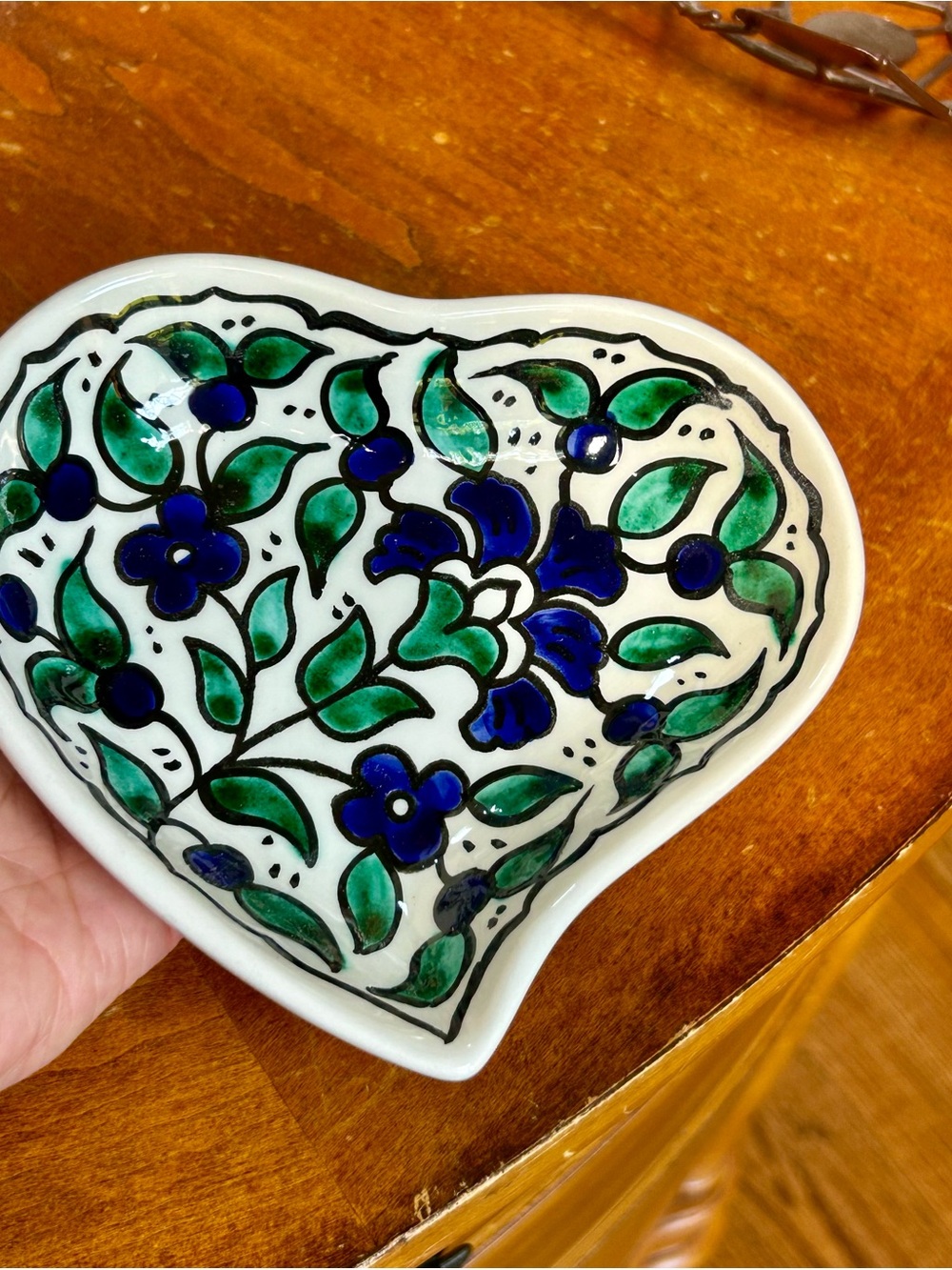 Hand-Painted Heart Ceramic Dish in Blue and Green